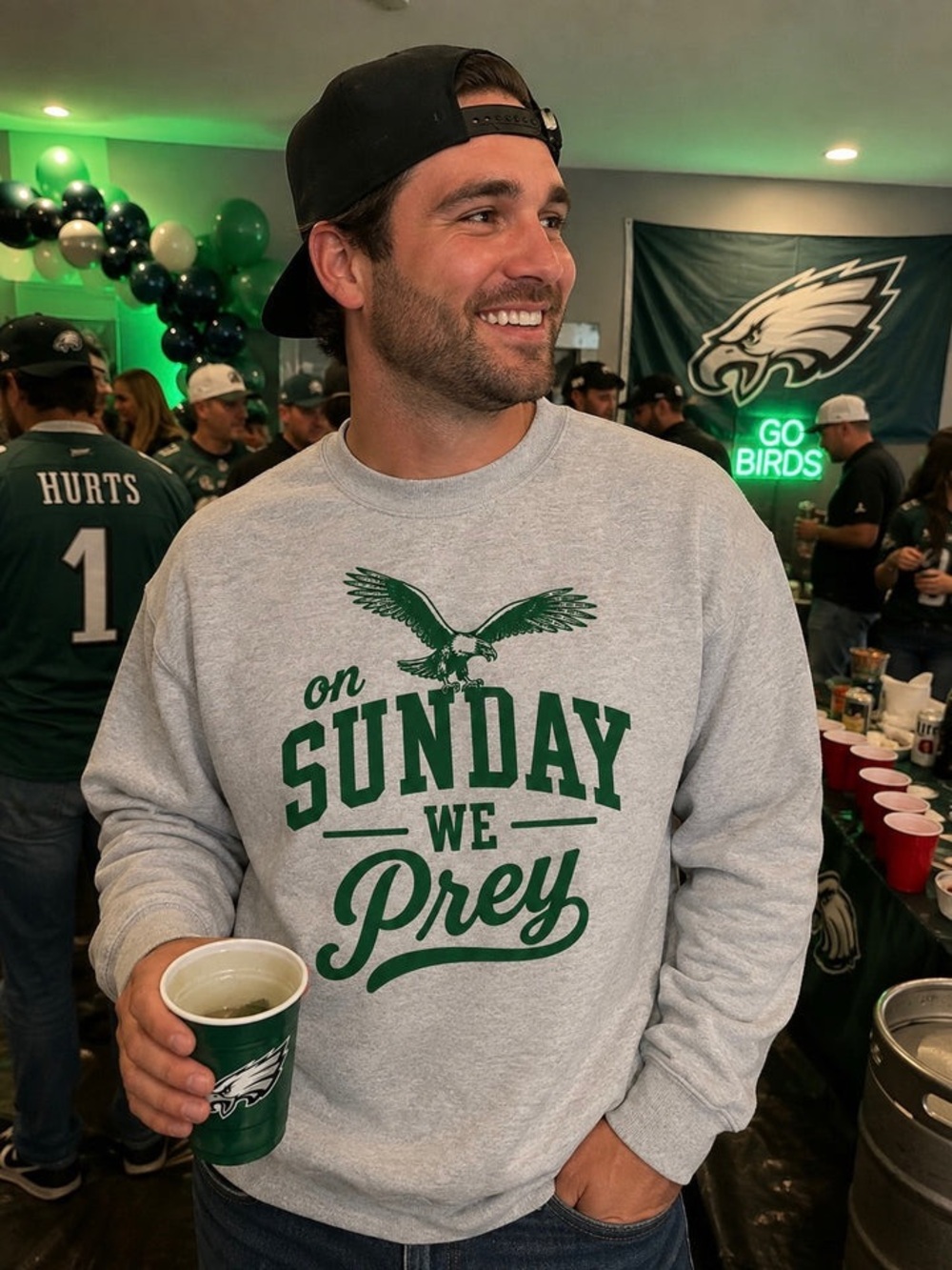 Men's Grey 'On Sunday We Prey' Pullover Sweatshirt - EAGLES S-5xl